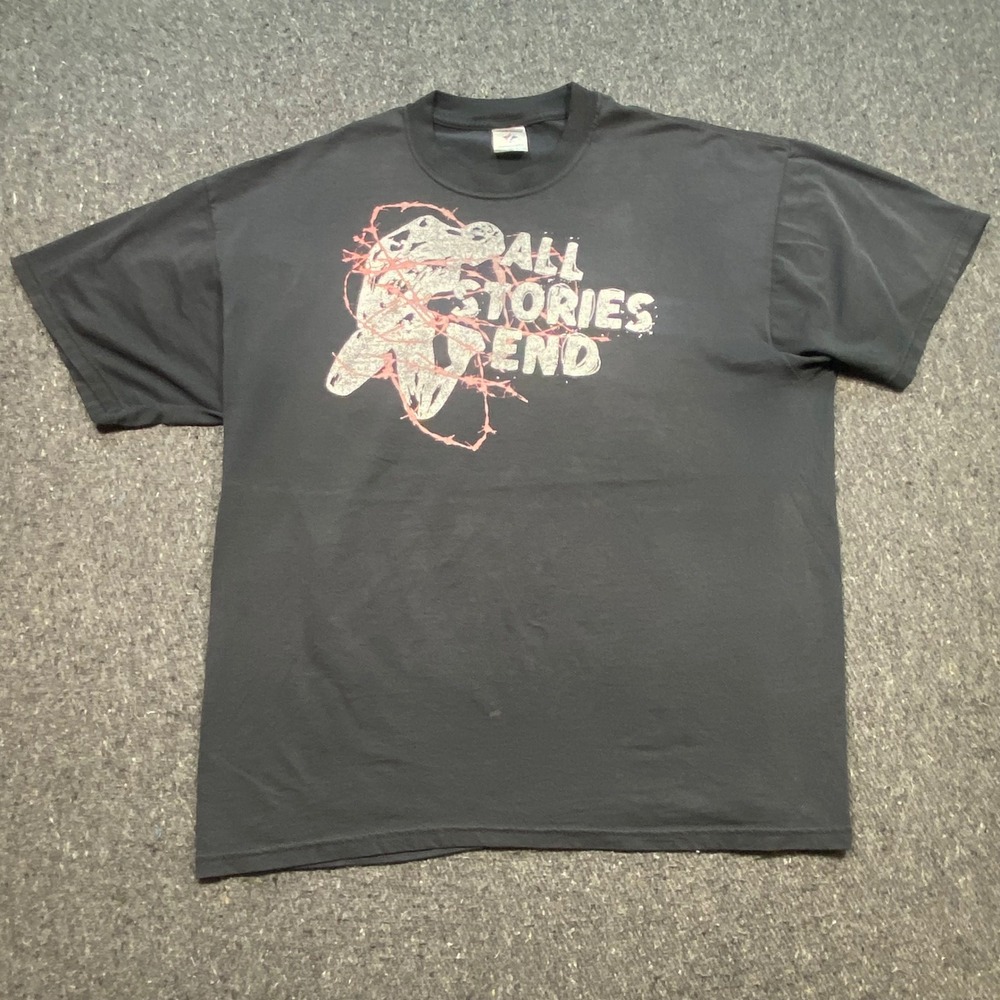 Jerzees All Stories End Graphic Shirt XL Men Black Grunge Barbed Wire Streetwear